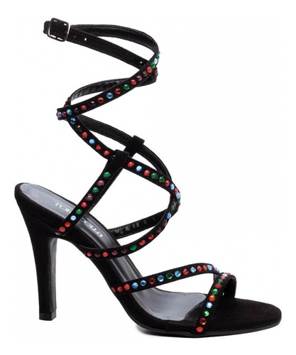 Imagem 2 de 5 de Sandália Salto Fino 10cm Luxo Preta Com Apliques Coloridos