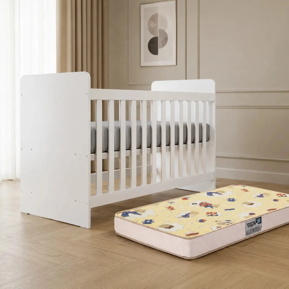 Kit Berço Quarto Com Colchão Infantil Bebê Americano Henn Labirinto Com Grades Fixas 2 Posições Design Moderno Cor Branco