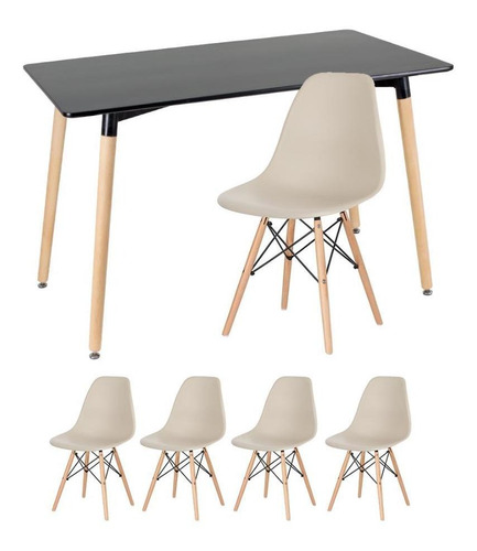 Kit Mesa Jantar Eames Retangular  4 Cadeiras Eiffel Wood Av Cor da tampa Mesa preto com cadeiras nude