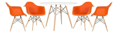 Kit Mesa Jantar Redonda 120 Cm 4 Cadeiras Eames Wood Daw Cor da tampa Mesa branco com cadeiras laranja