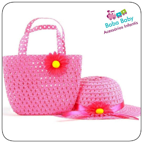 Kit Chapéu Palha Infantil Praia Piscina + Bolsa Pink