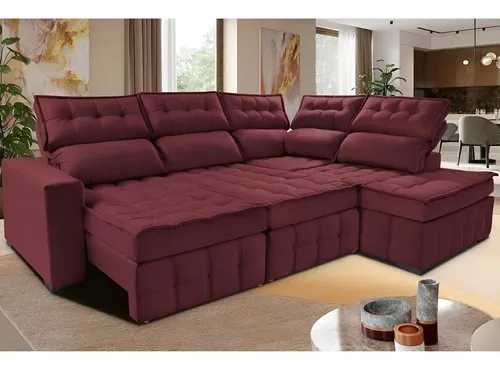 Sofá De Canto Dir 2,65x2,30 Retrátil Pocket Cama Inbox Nobre Cor Vinho