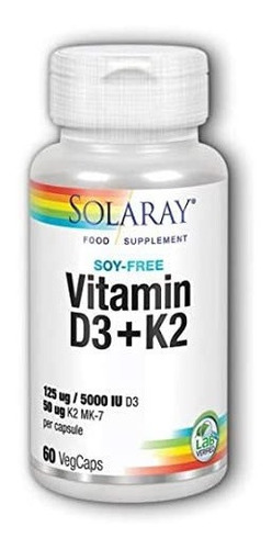 Suplemento Solaray Vitamina D-3 Y K-2, 60 Cápsulas Vegetaria