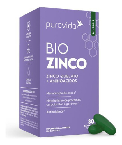 Zinco Quelato Bio Zinco 30caps Puravida Auxilia Ossos Visão Sabor Sem Sabor