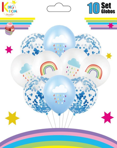 Set 10 Globos Latex Nube Lluvia Arcoiris Confetti