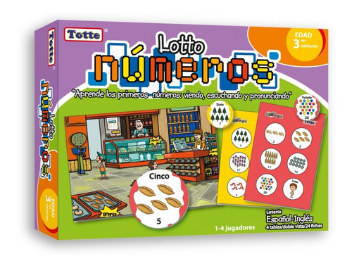 Lotería Totte De Números | 4 Tablas Y 24 Fichas Jumbo | Instructivo con 3 Divertidas Maneras de Jugar | Español e Inglés
