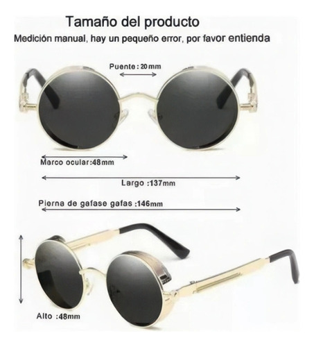 3pc Gafas Steampunk Gafas De Sol Redondas De Metal Espejo Negro Negro Negro Negro