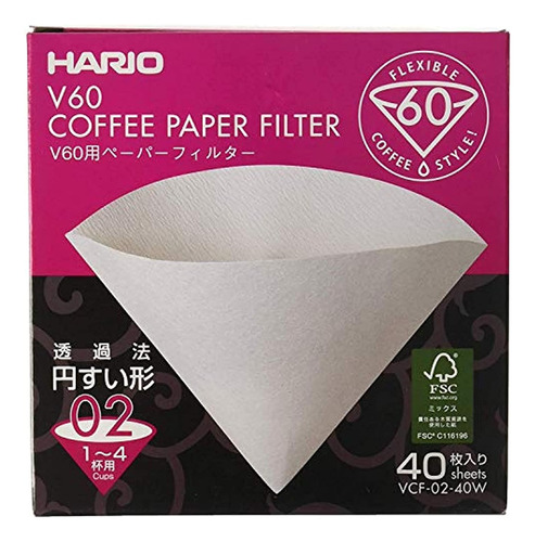 Filtros De Cafe Hario, Tamaño 2, Desechables, Blanco, 40 Uni