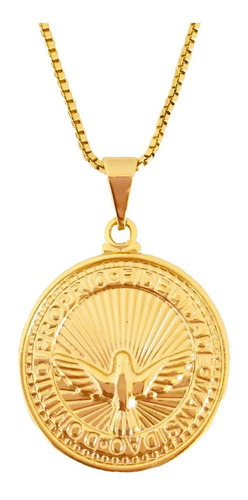 Colar Divino Espírito Santo Medalha Redonda Folheado A Ouro Cor Dourado