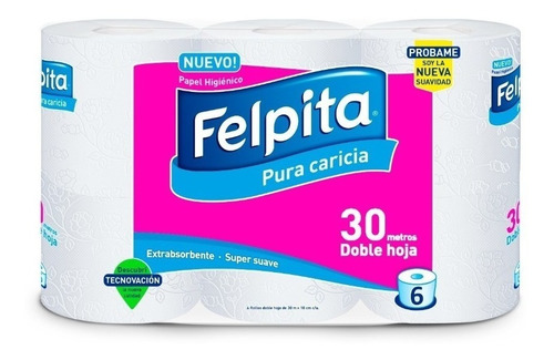 Papel higiénico Felpita Pura Caricia doble hoja 30 m de 6 u