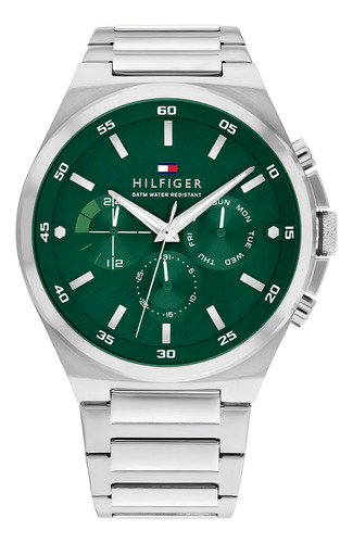 Relógio masculino Tommy Hilfiger Dexter 1792088 Cor da malha: prata, moldura, cor de fundo prateada, cor de fundo verde
