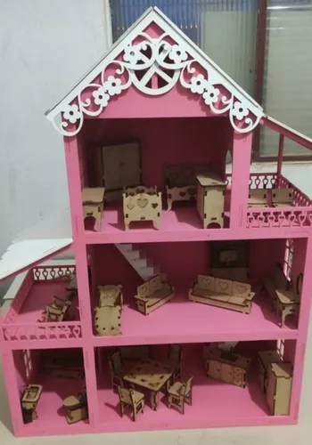 Casa de Bonecas 3D para Montar em Madeira com Móveis - 56 Pc