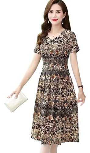 Ll Elegante Vestido Midi Con Cuello En V Y Estampado Floral