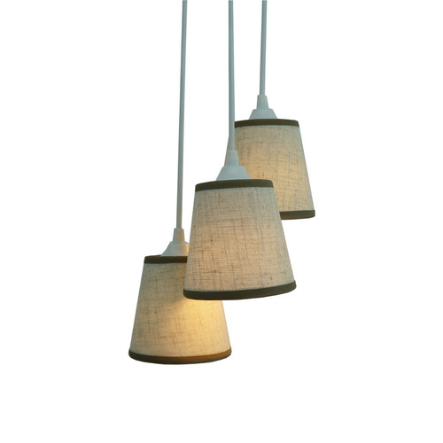 Lustre Pendente Luminária Tripla Linho Bege Bordas Marrom