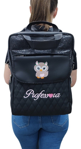 Bolsa/mochila Personalizada Para Professora Corujinha Preto/