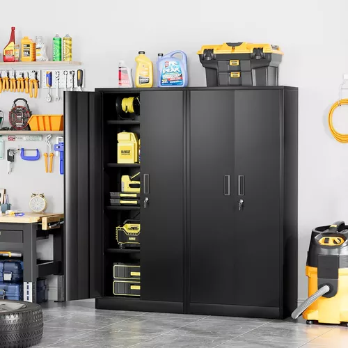 Gabinete de almacenamiento de metal, armario de herramientas con puertas y  estantes ajustables, gabinete de acero con cerradura para garaje, hogar