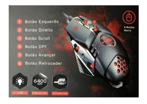 Mouse Gamer Com Fio Usb Led 6400dpi 6 Botões Kp-v43 Knup