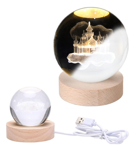 Esfera Luz Noche De Cristal 3d Led Usb Escritorio Base Mader