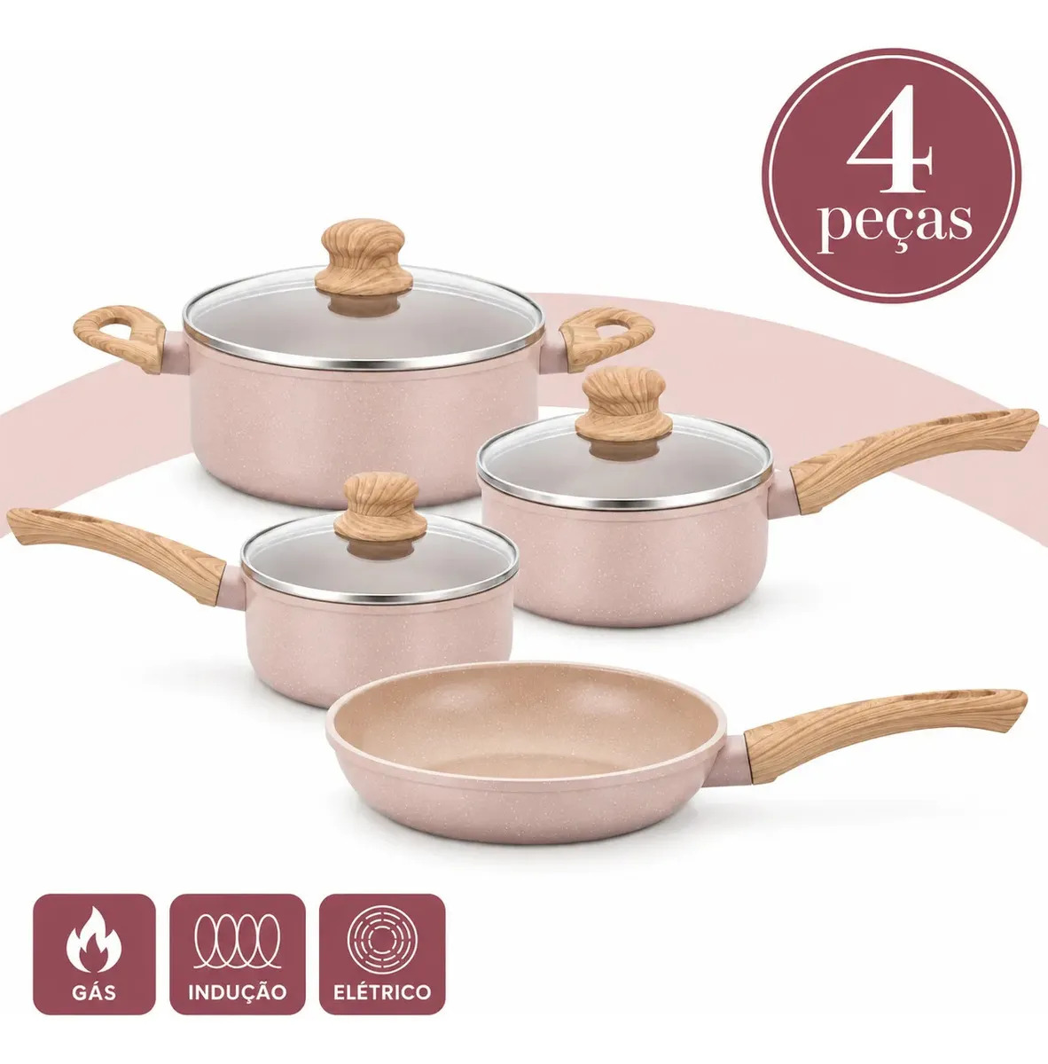 Kit Jogo de Panelas Antiaderente 4 Peças Indução Com Fundo Triplo Revestimento Cerâmico Alumínio Cabo Baquelite Cor Baunilha Ecoglide Tuut