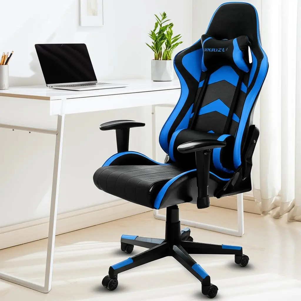 Cadeira Gamer Prizi Kombat Ergonomica Preta e Azul com Encosto Reclinável