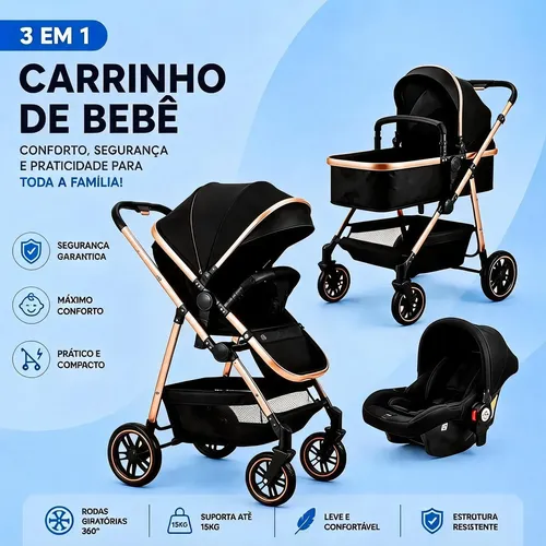 Carrinho De Bebê 3 Em 1 Berço Moisés + Bebê Conforto Apoapp Preto Preto/dourado