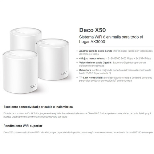 Imagen 2 de 10 de Sistema Wifi 6 Malla Para El Hogar Tp-link Deco X50 (3-pack)
