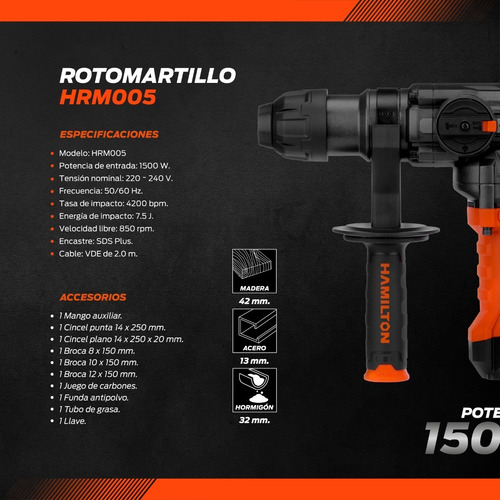 Rotomartillo 1500w 7,5j Con Accesorios - Hamilton Hrm005 Color Naranja Frecuencia 50 Hz/60 Hz