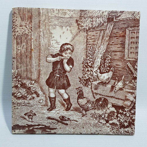 Antiguo Azulejo De Colección Niño Gallinero 7296