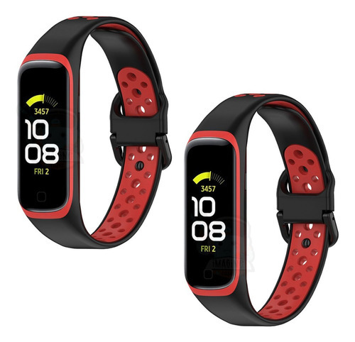 Kit 2 Pulseira Silicone Esportiva Furadinha Para Galaxy Fit2 Cor 2x Preto c/ Vermelho