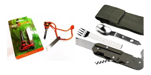 Set De Camping Cuchillo + Linterna + Cubiertos + Pedernal