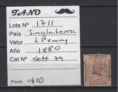 Lote1711 Inglaterra 1 Penny Año 1880 Scott# 79 