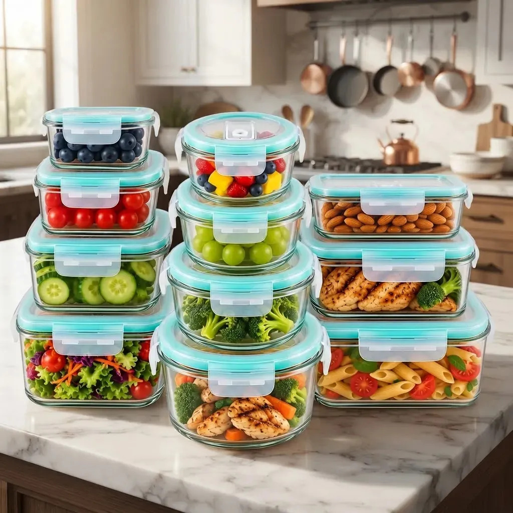 Set 12 tupper tapper de vidrio hermeticos verde apto horno, microonda, lavavajillas, freidora de aire, freezer