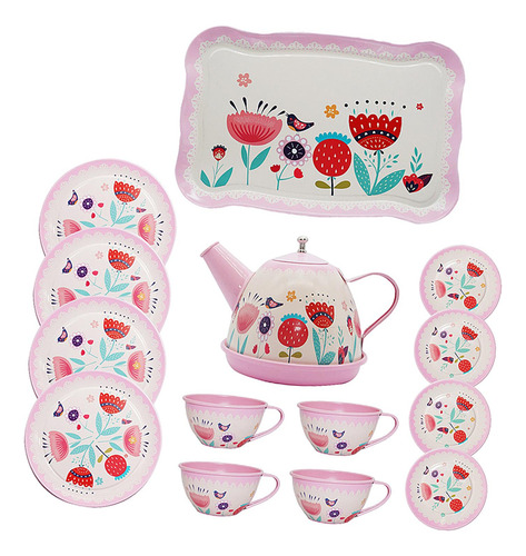Kids Tea Set Metal Teapot Cups Dishes Afternoon Tea Playset