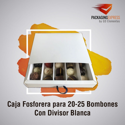 Caja Para Bombones Fosforera Divisor 20/25 U Blanca Pack X25