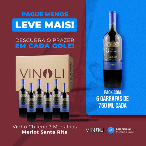 Kit 6 Garrafas Vinho Chileno 3 Medallas Merlot 750ml