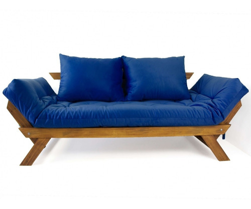 Sofa Japão Futon Madeira Maciça Cor Imbuia Azul Royal