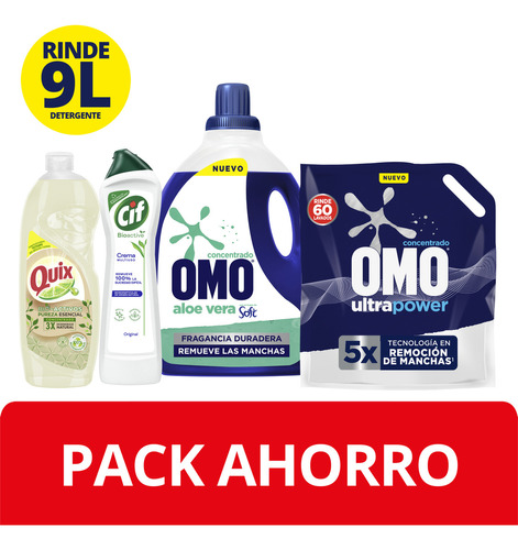 Omo Pack detergente líquido botella + Doypack + Quix + Cif