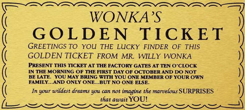 Willy Wonka Golden Ticket Gold Sign Wall Art Charlie Ch...