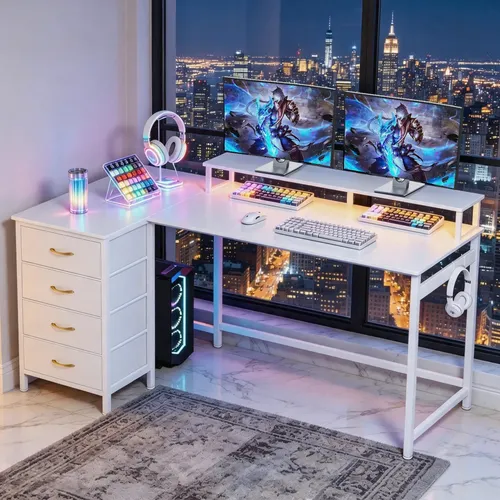 Escritorio Para Computadora En Forma De L, 4 Cajones Y Led