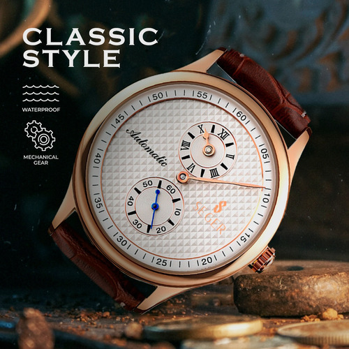 Imagen 5 de 8 de Reloj Hombre Seger 9238 Original Eeuu Cuero Elegante Color De La Malla Marrón Color Del Bisel Rosa Metalizado