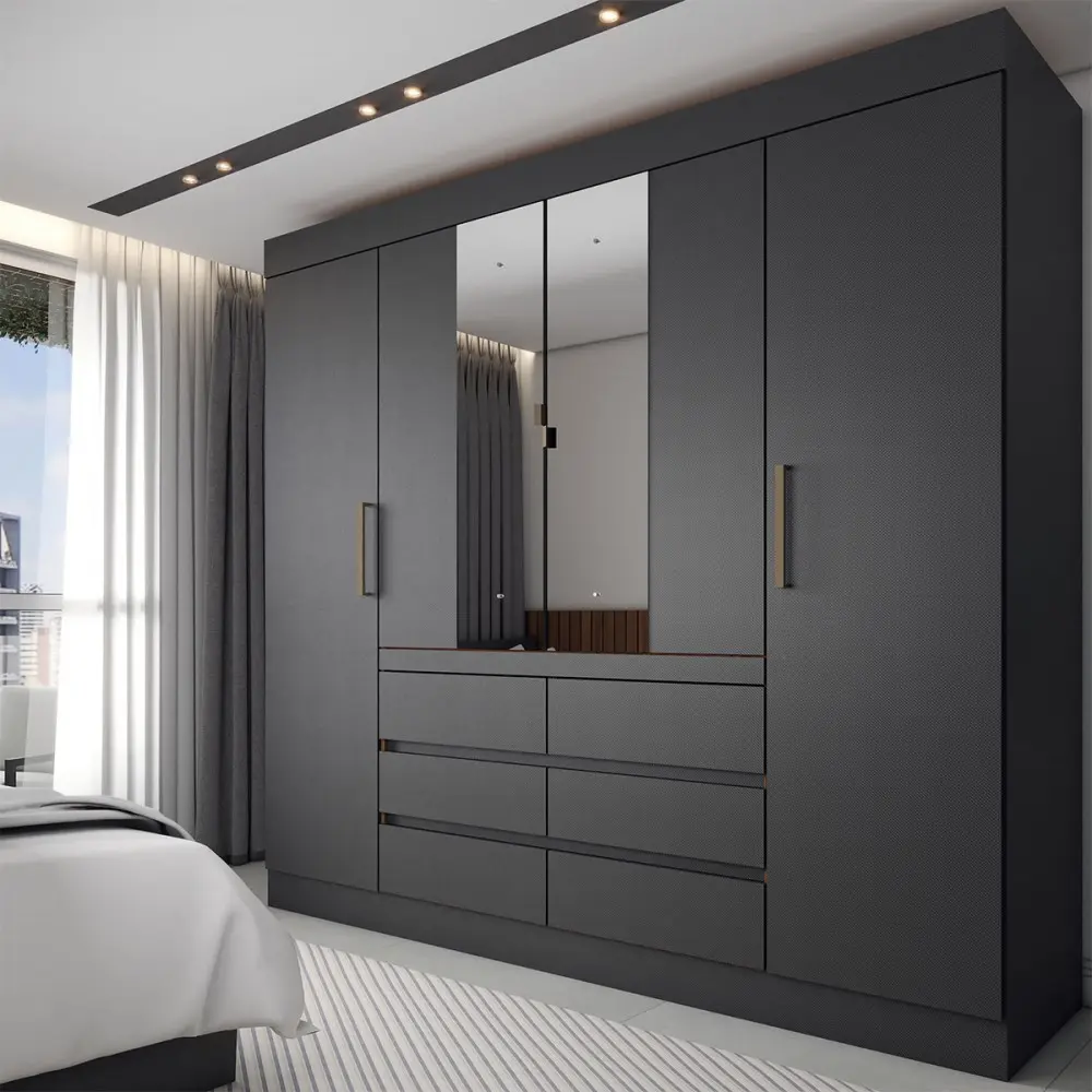 Guarda-roupa Casal Honey 4 Portas 6 Gavetas Com Espelho Preto/Amêndola