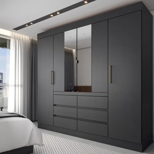 Guarda-roupa Casal Honey 4 Portas 6 Gavetas Com Espelho Cinza-escuro