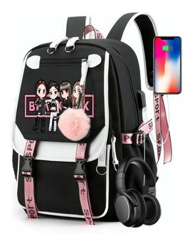 Mochila Juvenil Estilo Coreano Negro Rosa Kpop Con Puerto Us