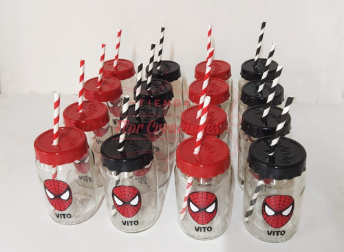 14 Frascos Vasos Souvenirs Hombre Araña Con Tapa Y Sorbetes