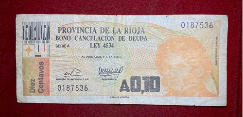 Billete Bono 10 Centavos De Austral La Rioja 1986 Col 028