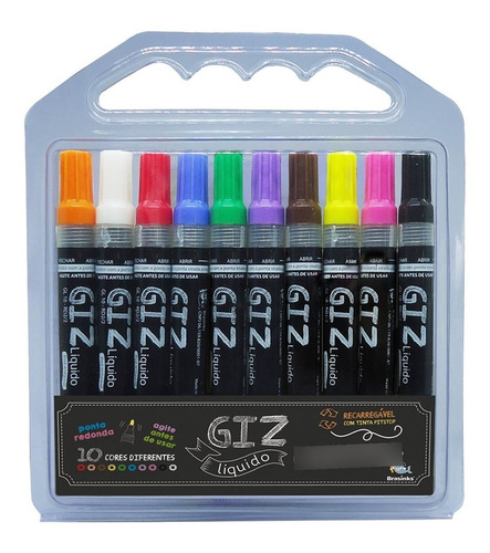 Giz Líquido Recarregável - Kit 10 Cores C/ Ponta Redonda
