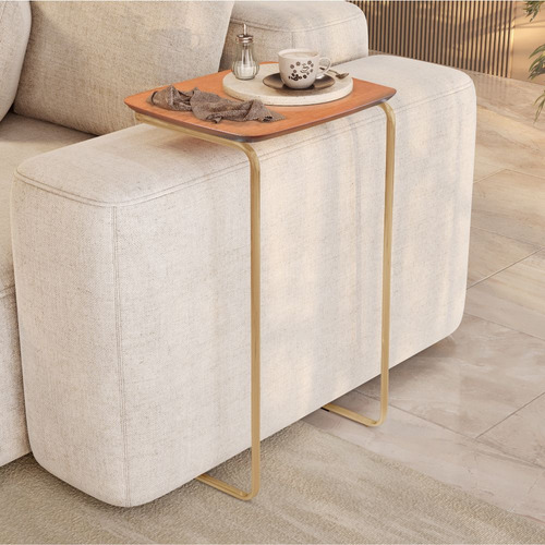 Mesa Ultraflex Lateral Aproximação Sofá Castanho Dourada Cor Tampo Castanho Base Dourada