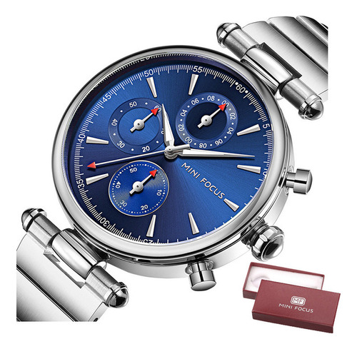 Relojes elegantes con cronógrafo luminoso Mini Focus, fondo azul plateado