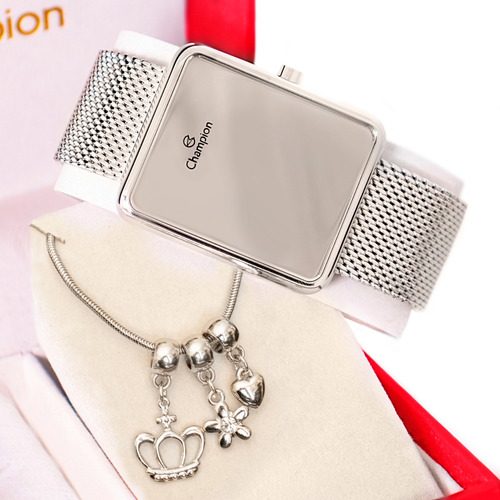 Combo Relógio Feminino Champion Espelhado Prata + Pulseira