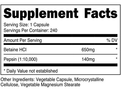 Imagen 2 de 2 de Betaína Hcl + Pepsina 750 Mg 240 Cápsulas Nutricost Usa